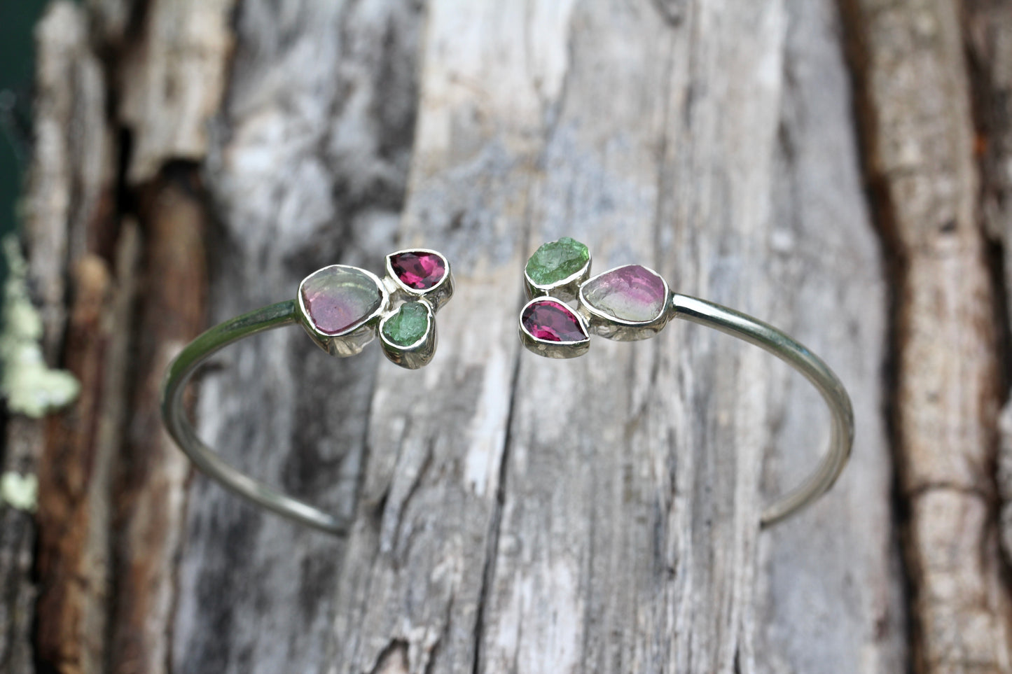 Watermelon Tourmaline Cluster Silver Bracelet