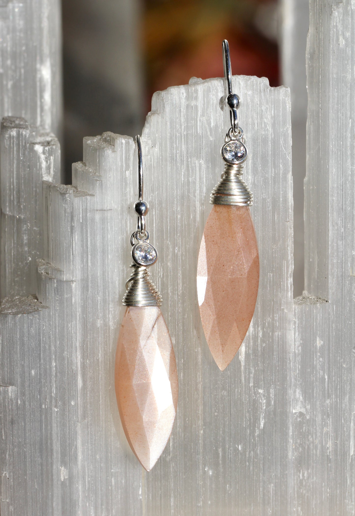 Peach Moonstone Marquis CZ Drop Earrings