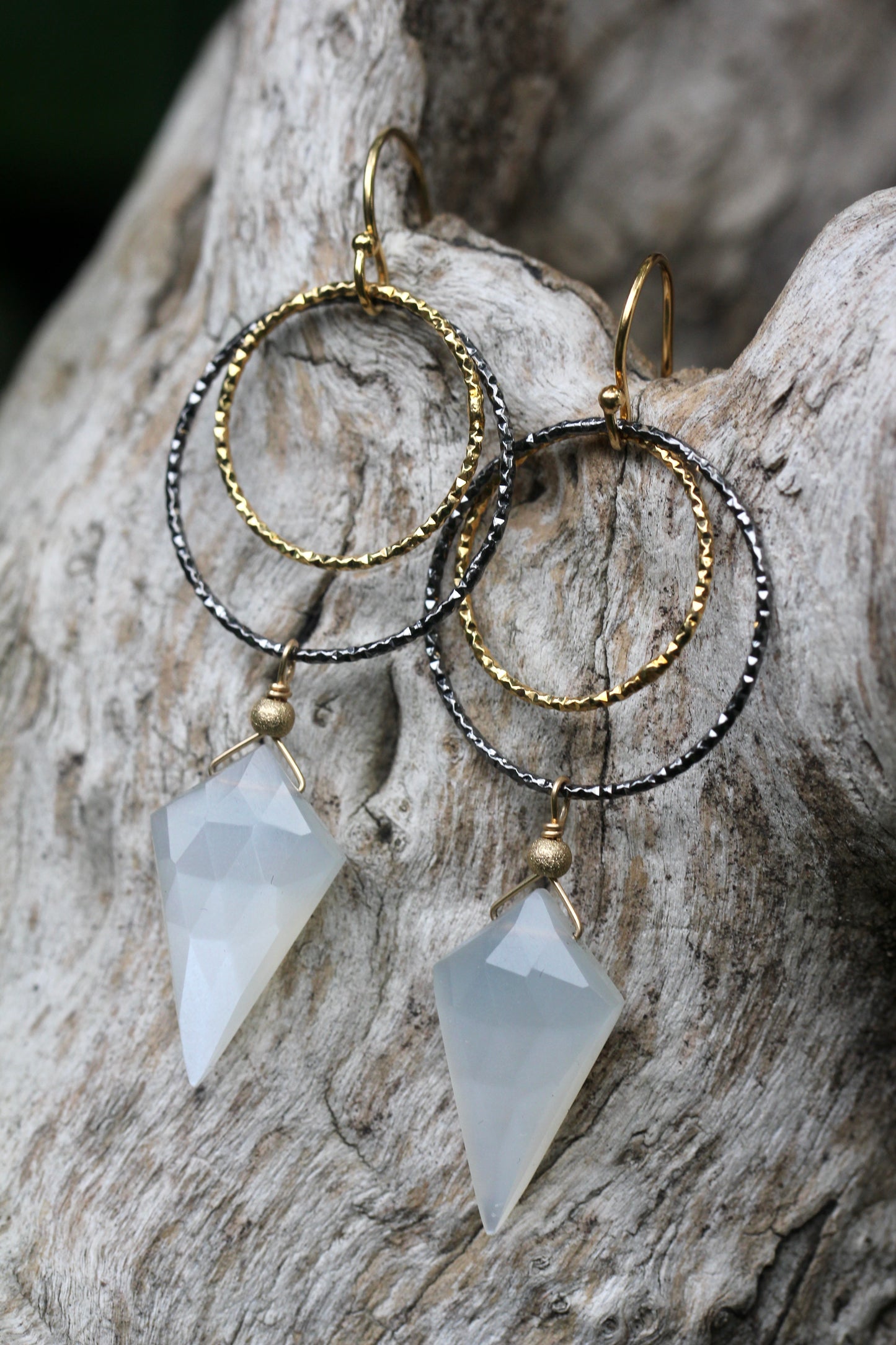 Moonstone Black and Gold Double Ring Drop Earrings