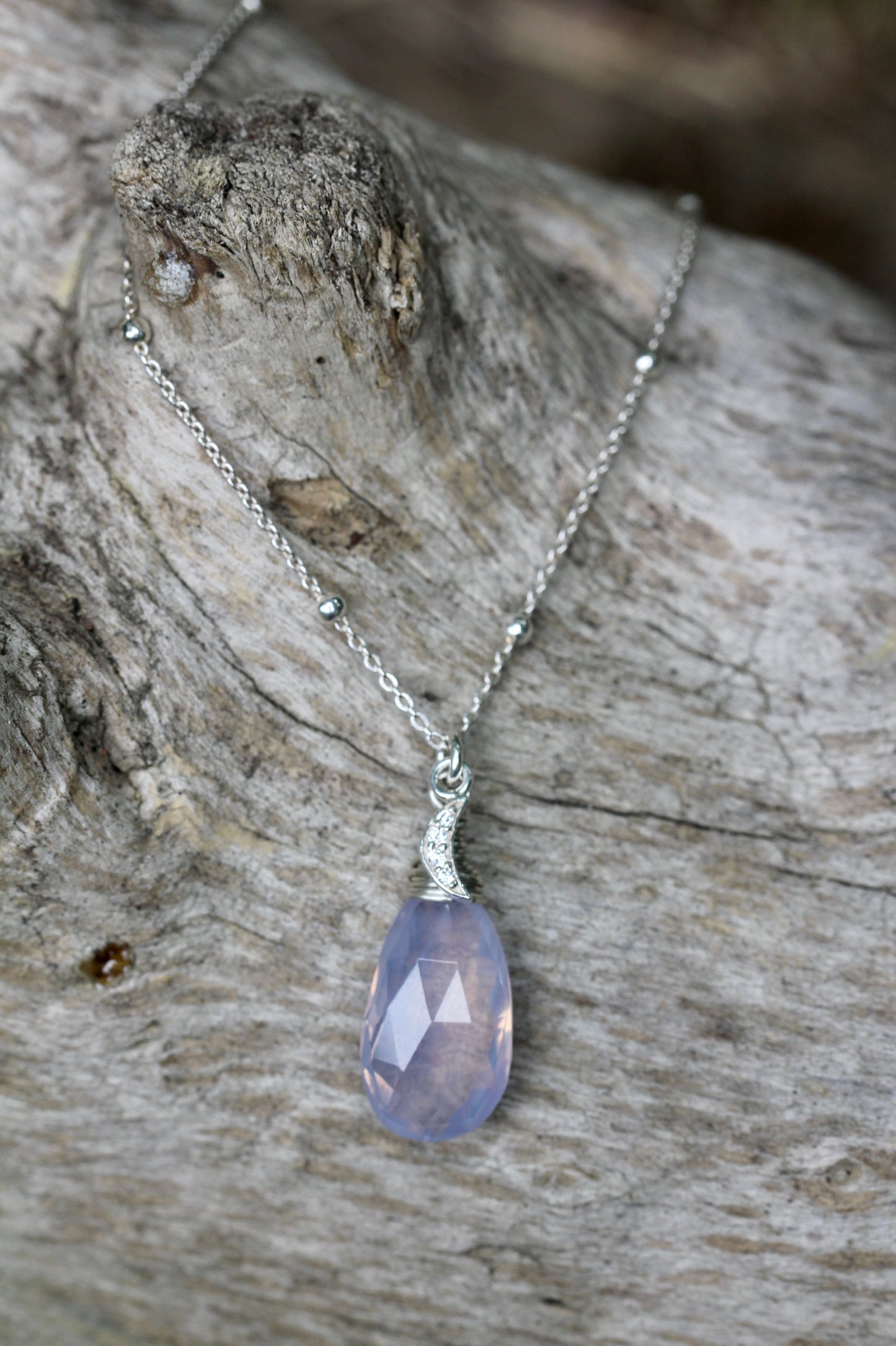 Lavender Quartz Crescent Moon Teardrop Necklace
