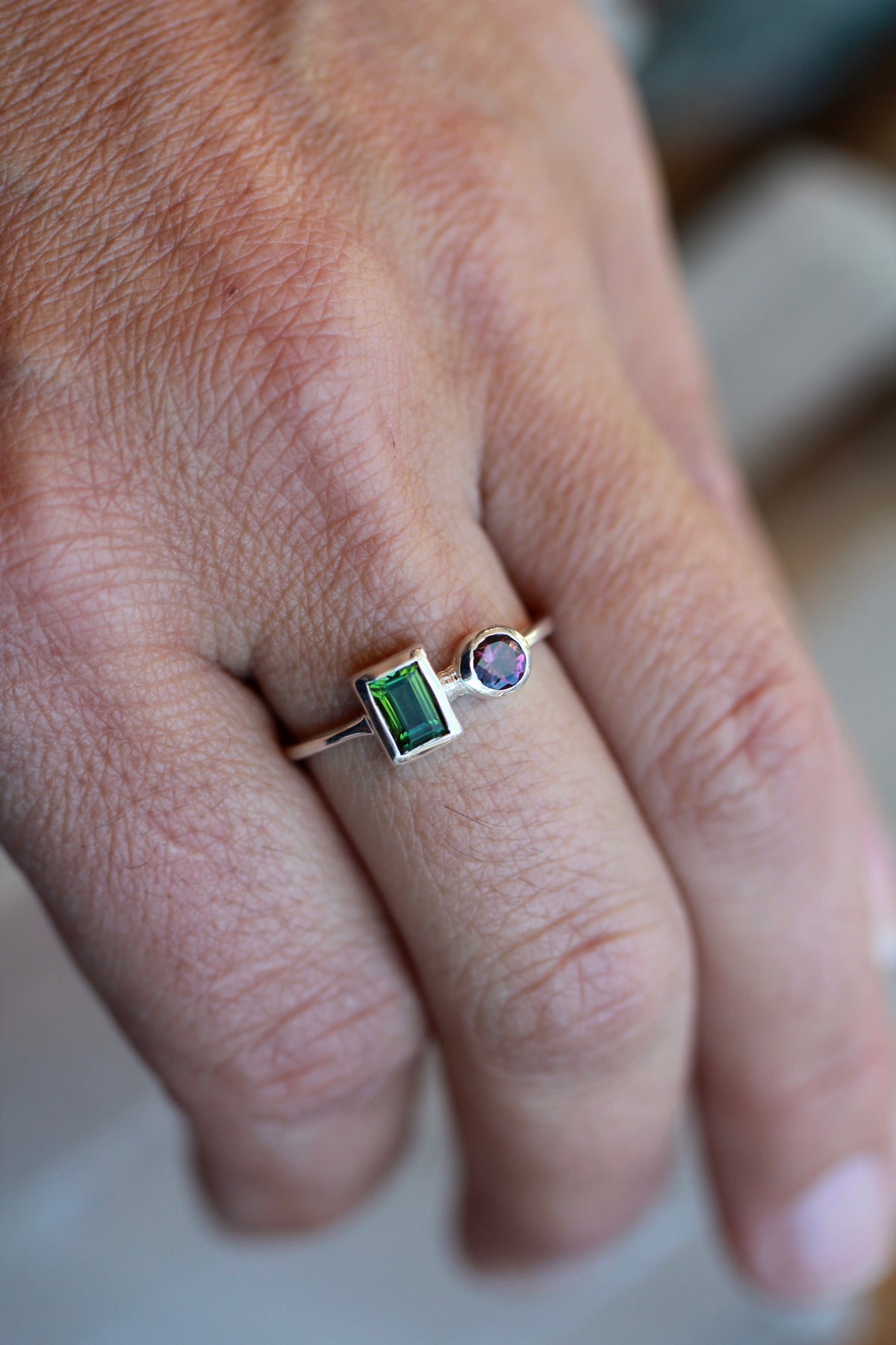 Pink and Green Tourmaline Silver Ring