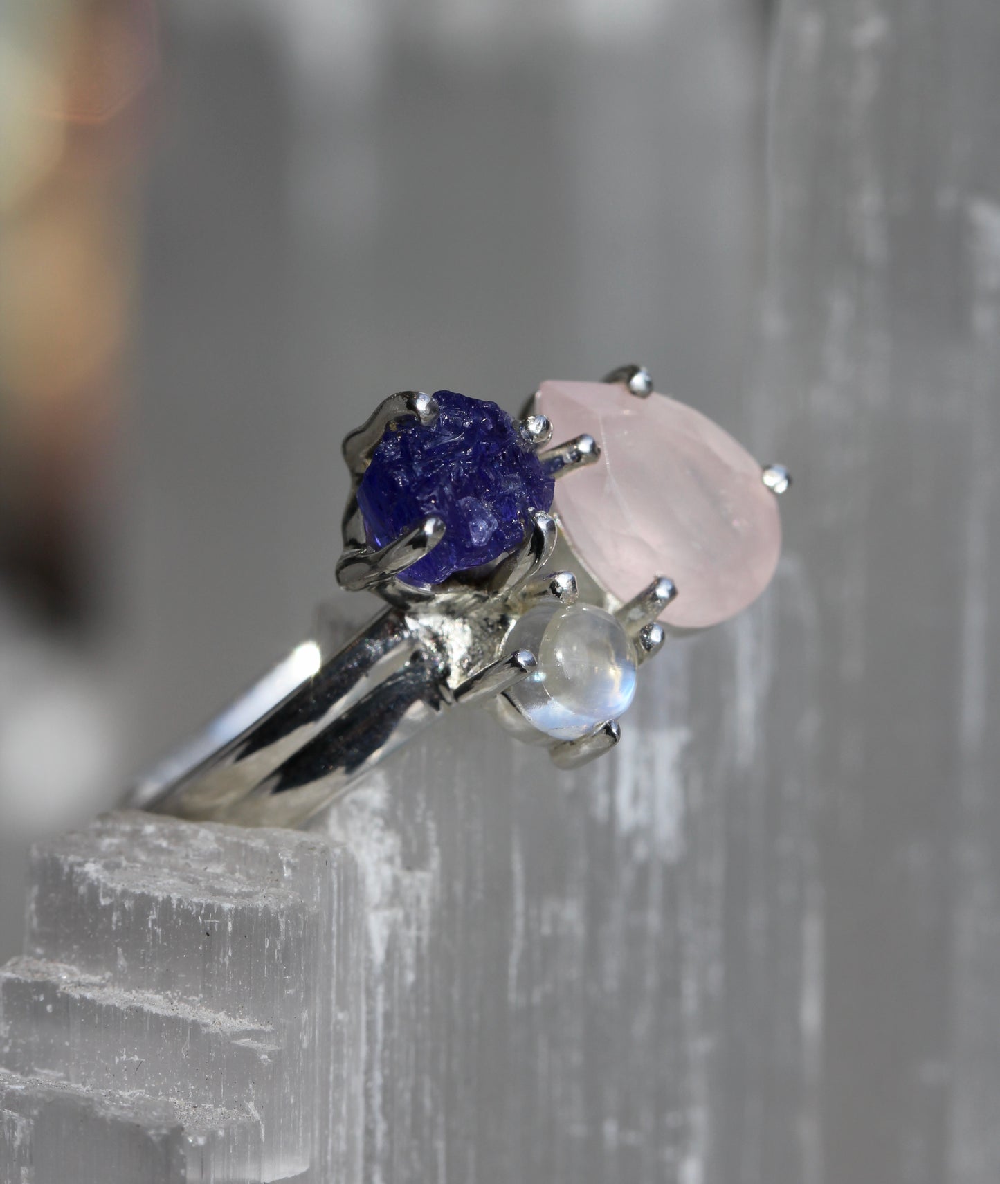 Rose Quartz Tanzanite Rainbow Moonstone Ring