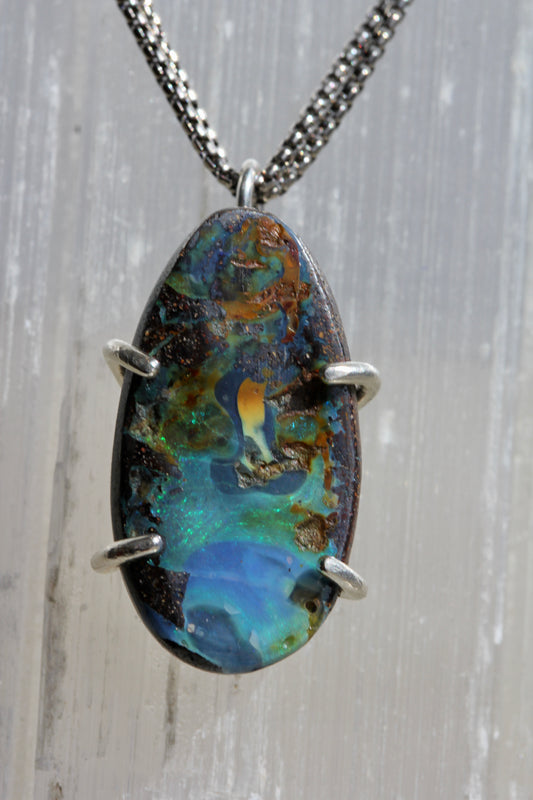 Boulder Opal Oxidized Silver Necklace