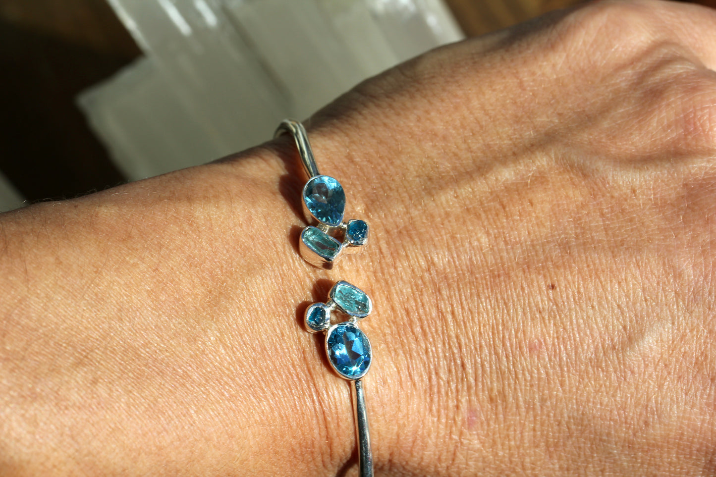 Blue Topaz Apatite Silver Flex Bracelet