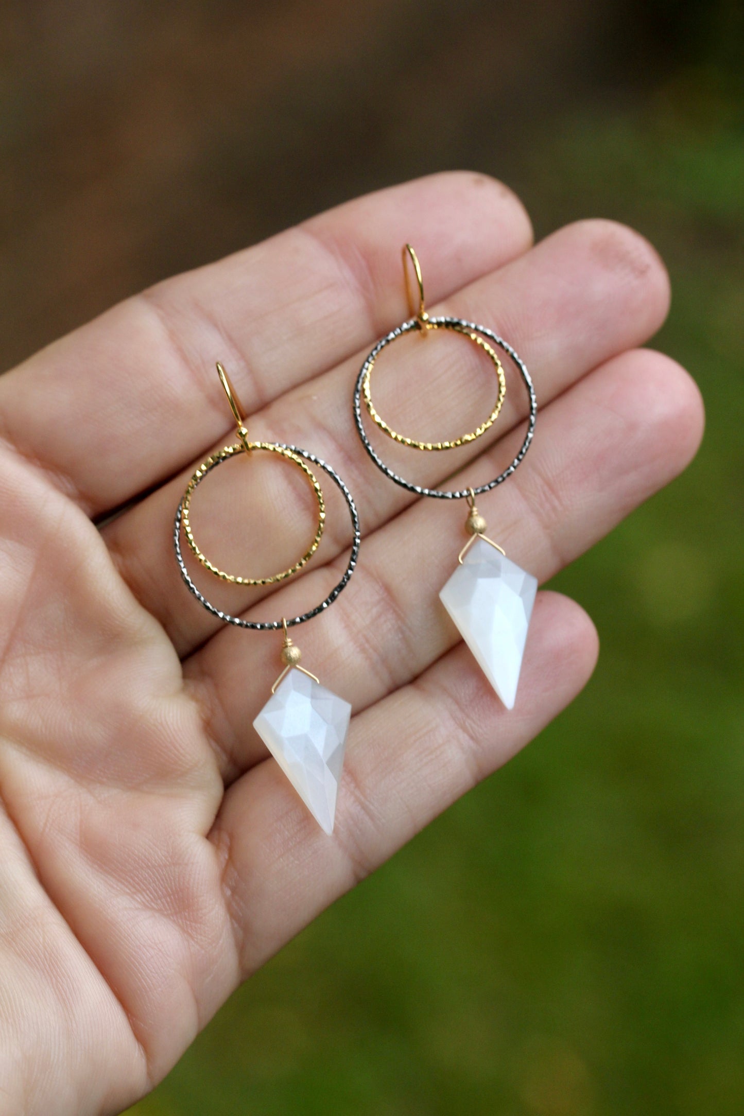 Moonstone Black and Gold Double Ring Drop Earrings