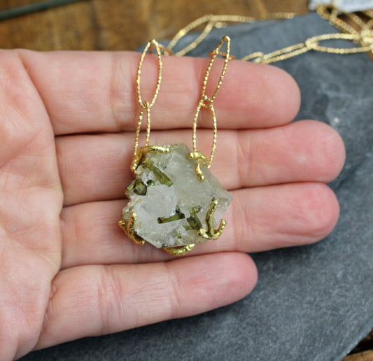 Tourmalinated Quartz Chunky Crystal Gold Necklace