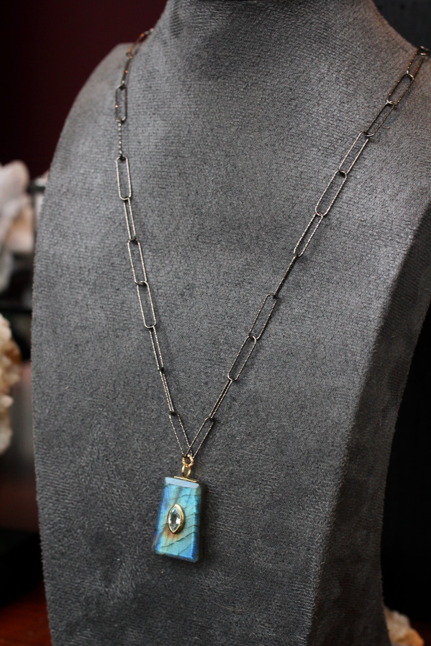 Labradorite Blue Topaz Encrusted Paperclip Chain Necklace