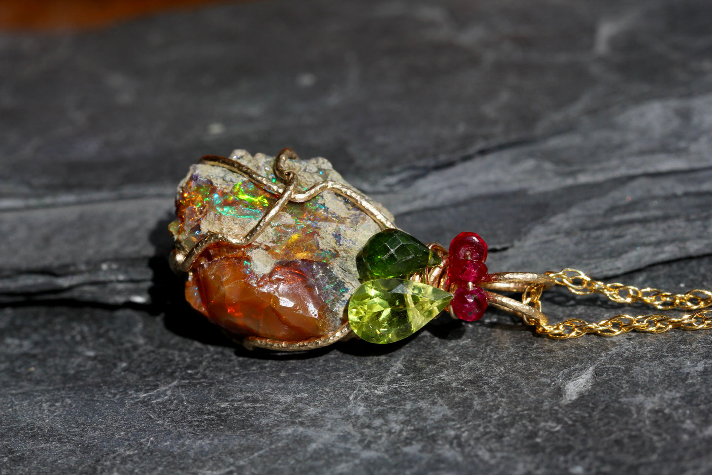 Rough Opal with Diopside, Peridot and Ruby Pendant