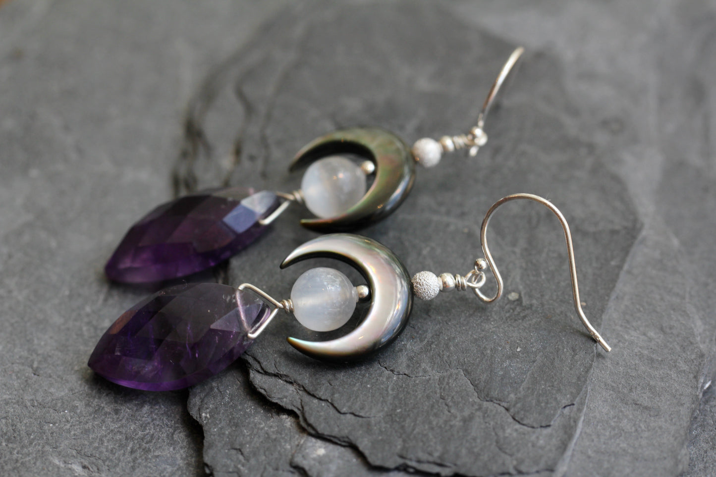 Amethyst Black Mother of Pearl Selenite Crescent Moon Earrings