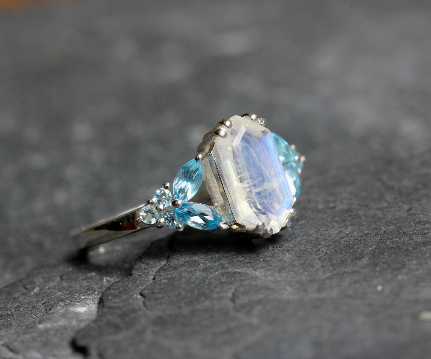 Rainbow Moonstone Blue Topaz Fairy Tale Ring