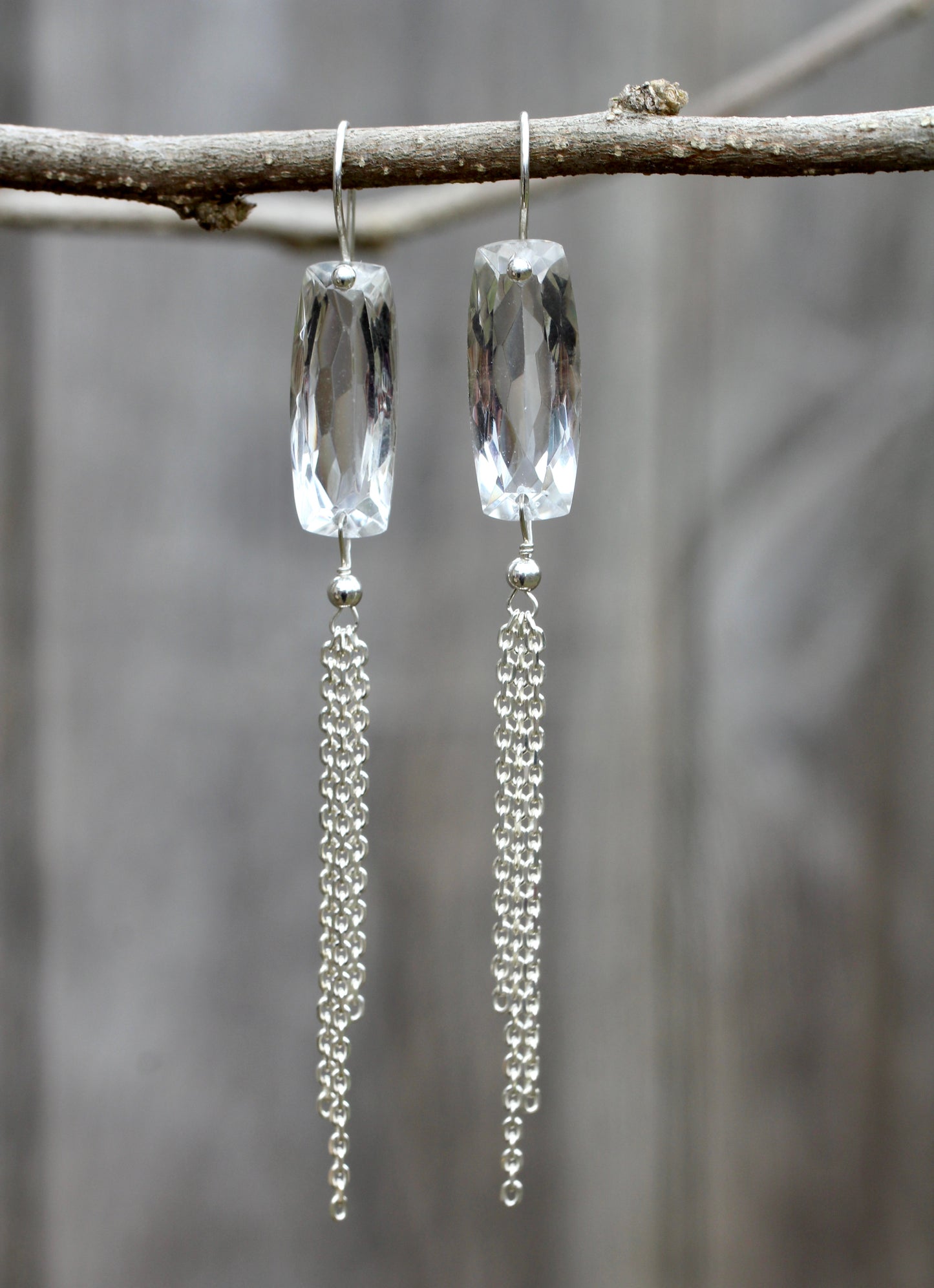 Quartz Baguette Silver Chain Fringe Earrings