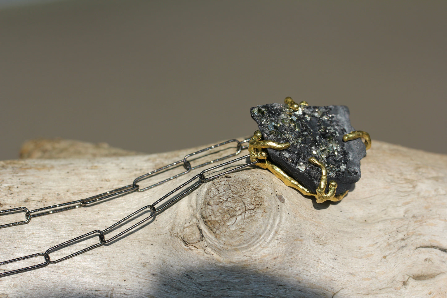 Pyrite in Basalt Black Paperclip Chain Necklace