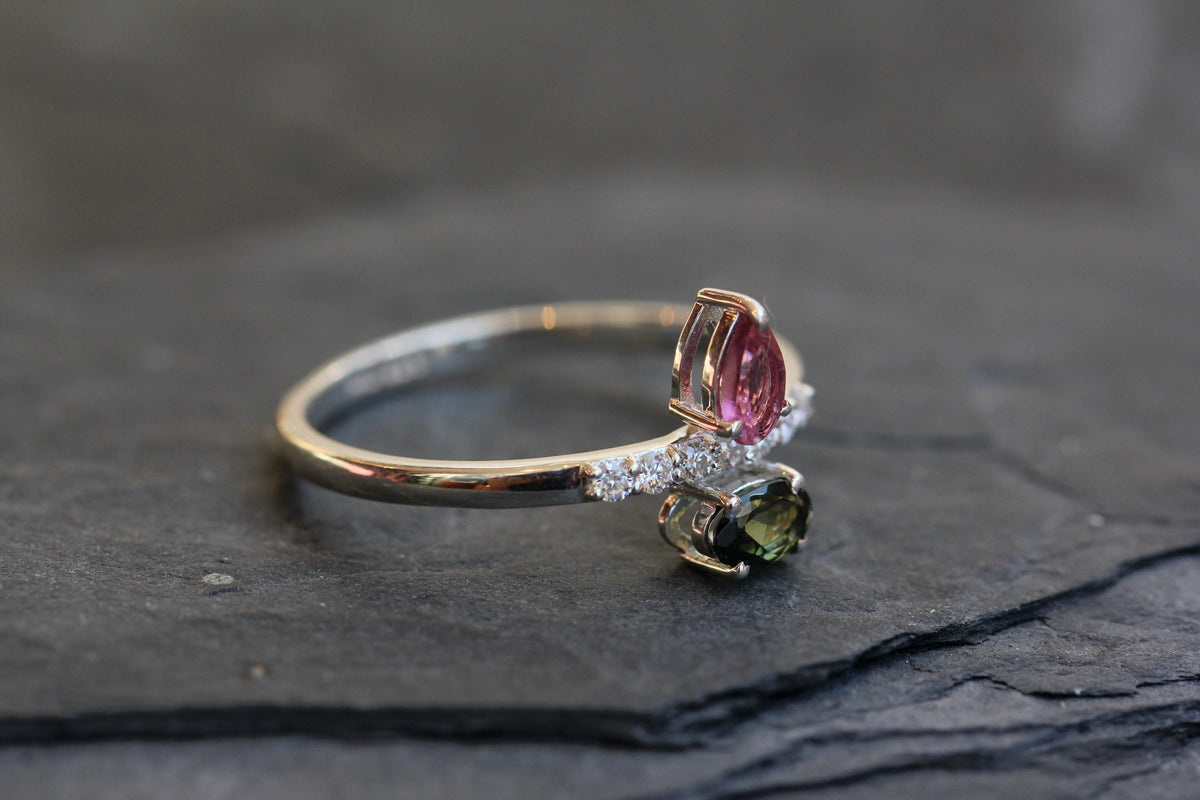 Pink and Green Tourmaline Moissanite Ring