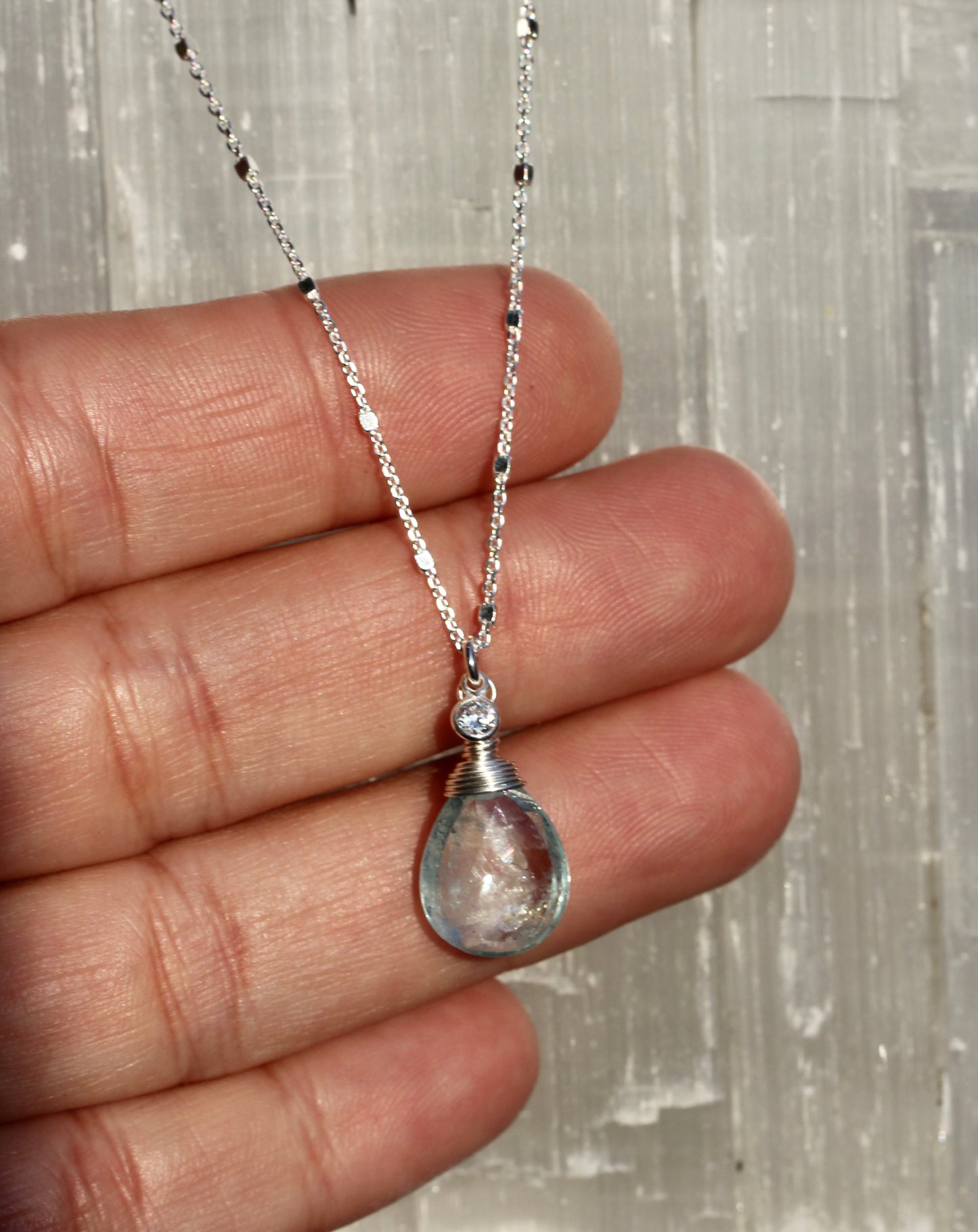 Aquamarine CZ Silver Teardrop Necklace