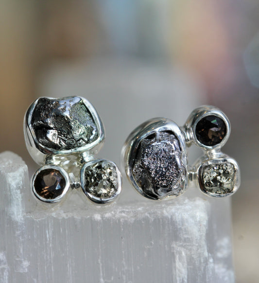 Meteortie Pyrite Smokey Stone Cluster Post Earrings