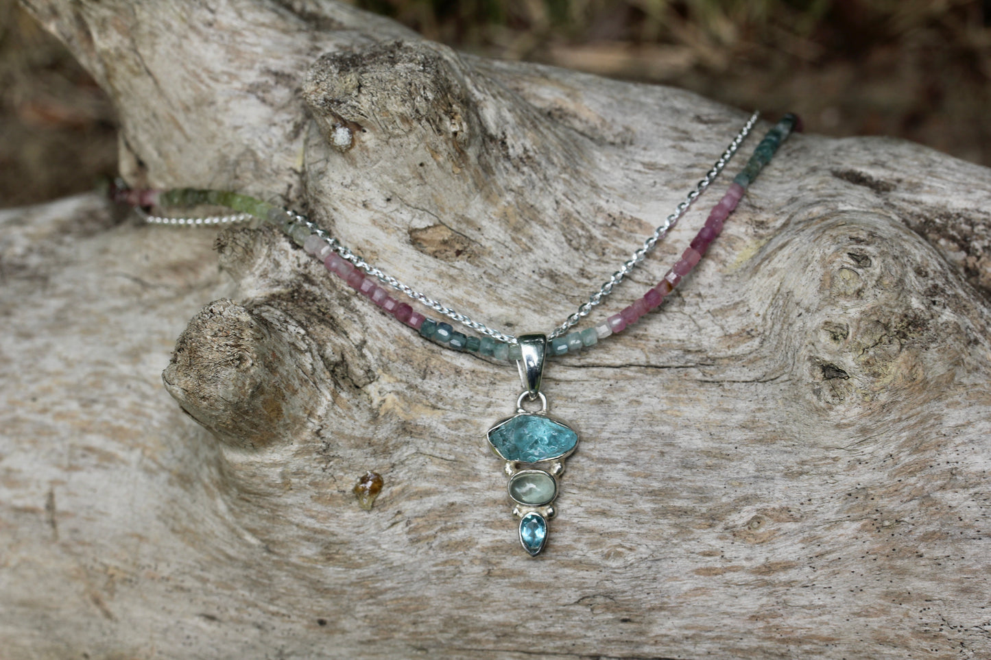 Blue Apatite Tourmaline Multi Strand Necklace