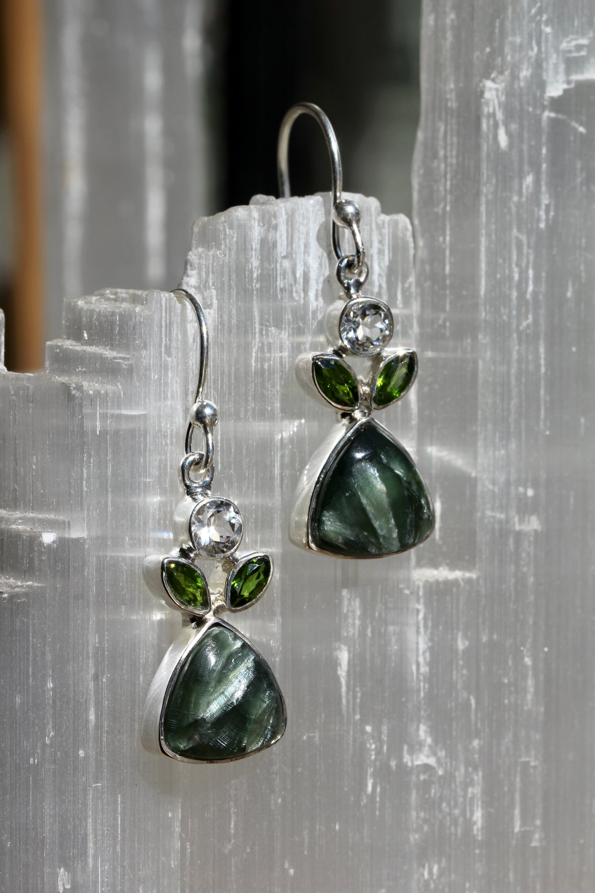Seraphinite Diopside Topaz Tri Leaf Earrings