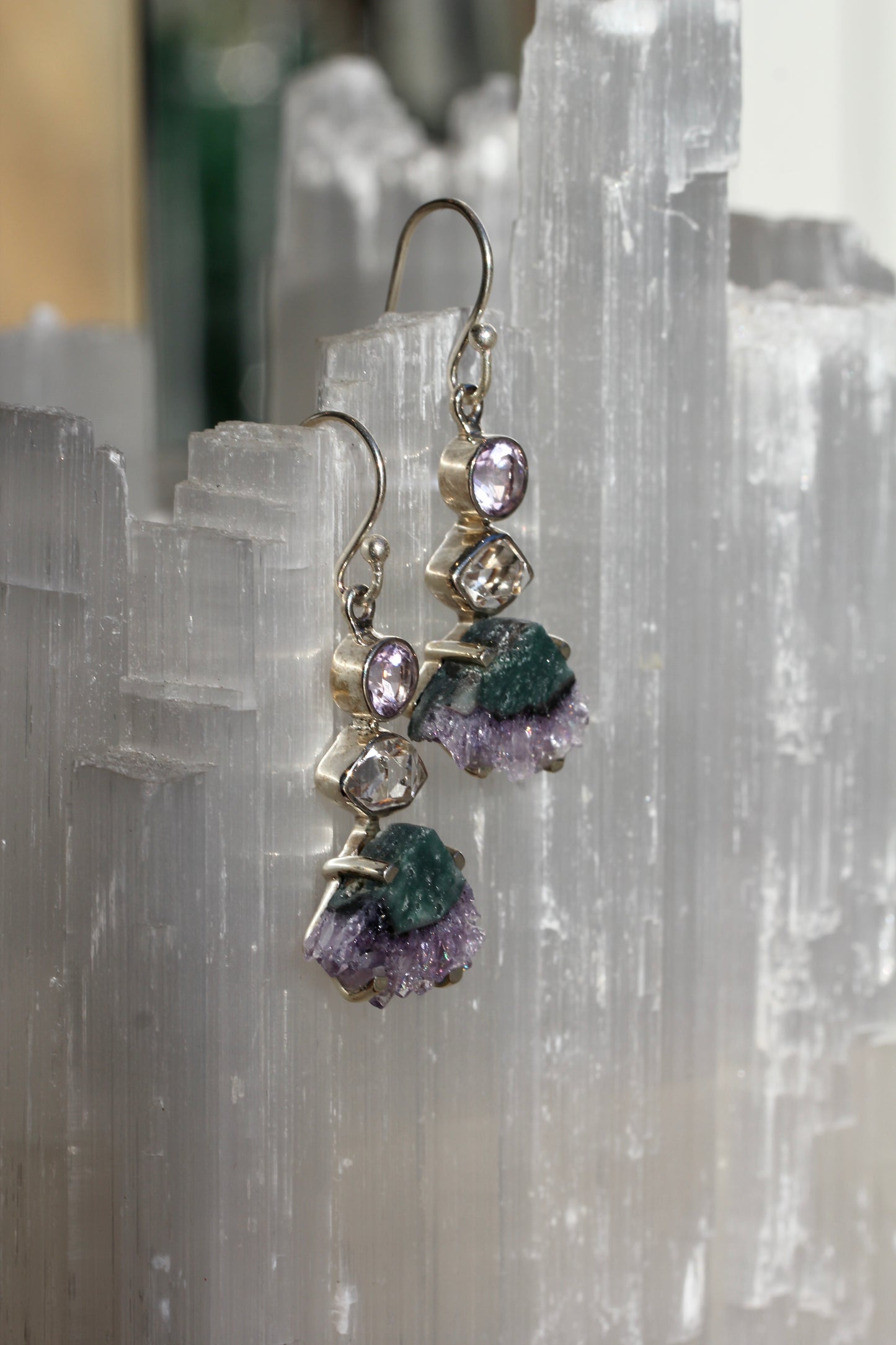 Amethyst Slice Herkimer Diamond Earrings