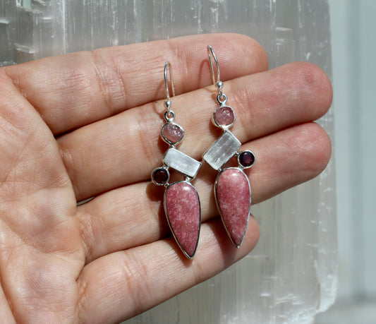 Thulite Selenite Garnet Rose Quartz Earrings
