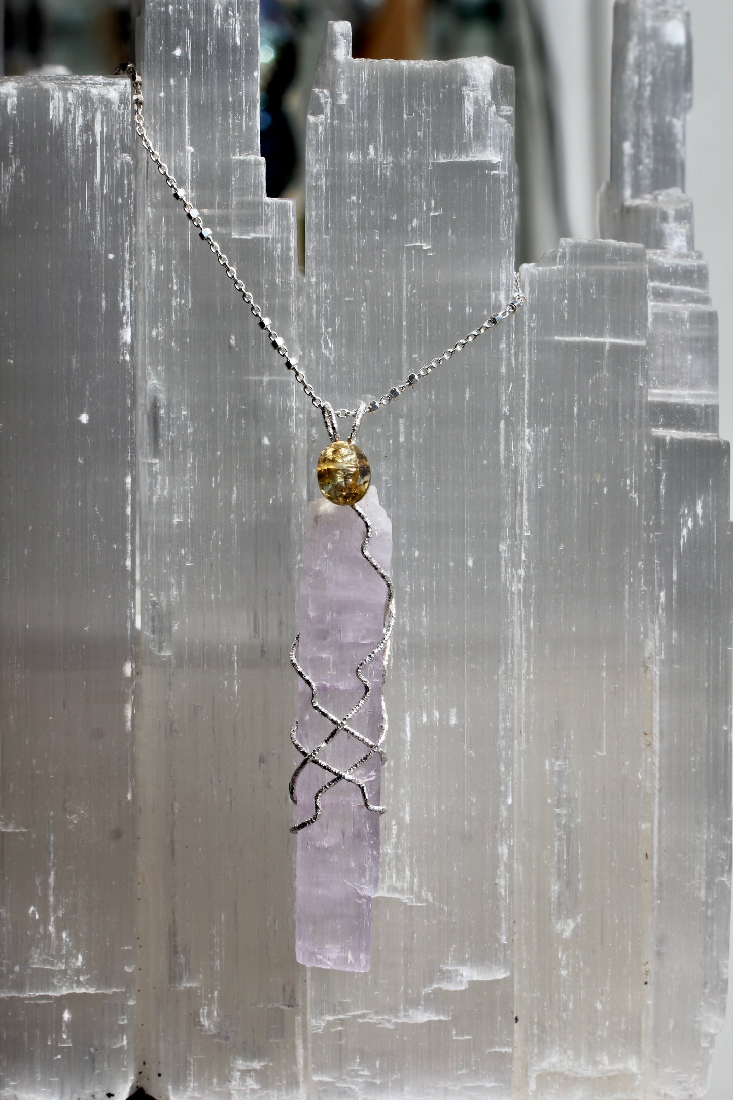 Long Kunzite Crystal Citrine Pendant