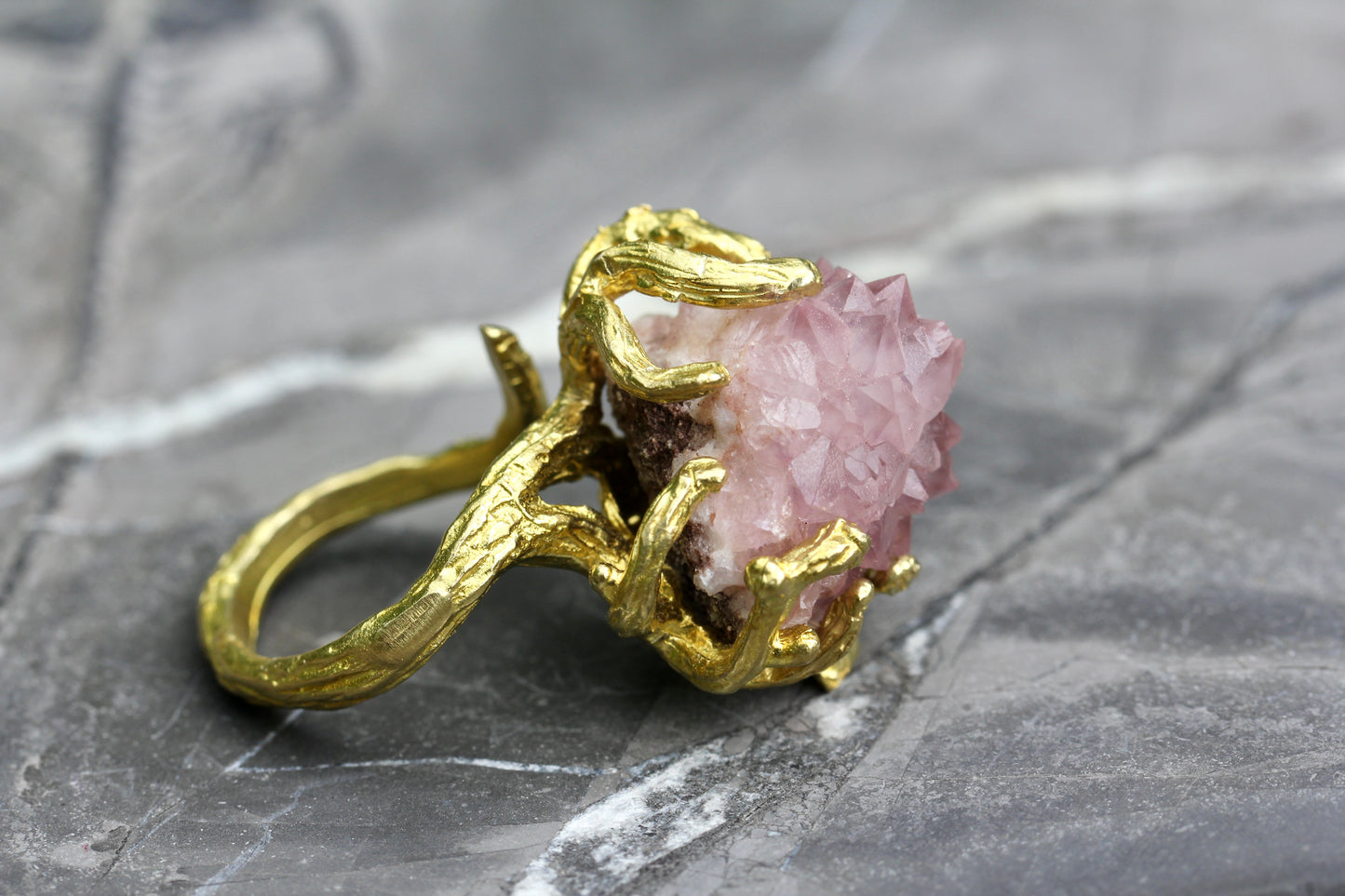 Pink Amethyst Crystal Cluster Branch Ring