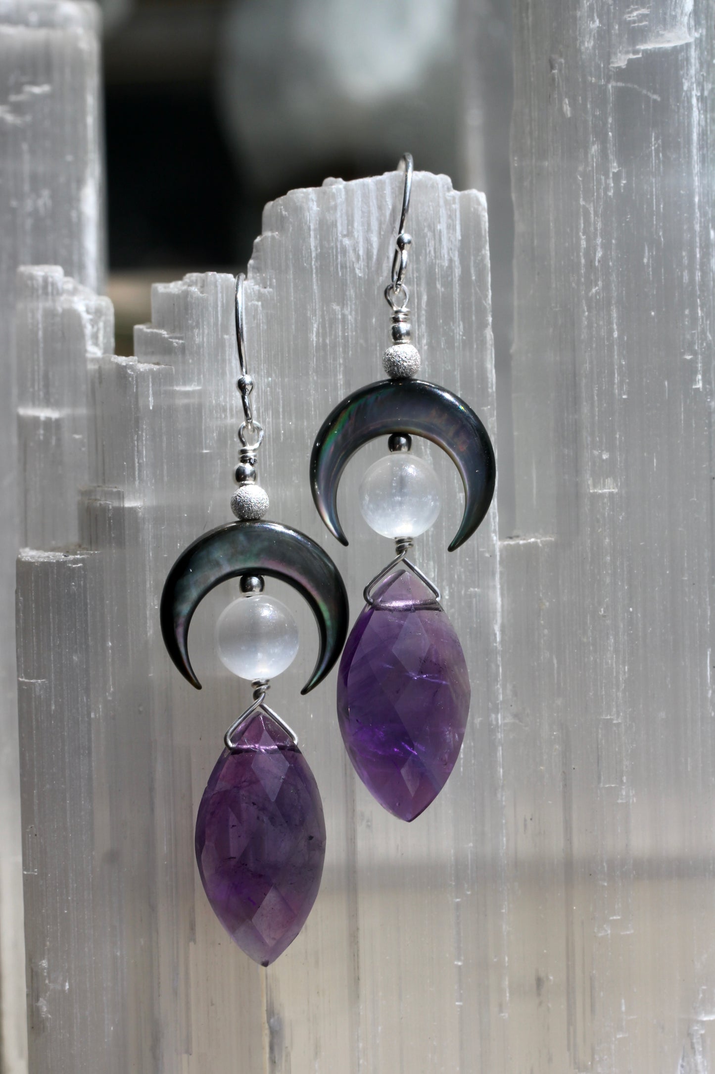 Amethyst Black Mother of Pearl Selenite Crescent Moon Earrings