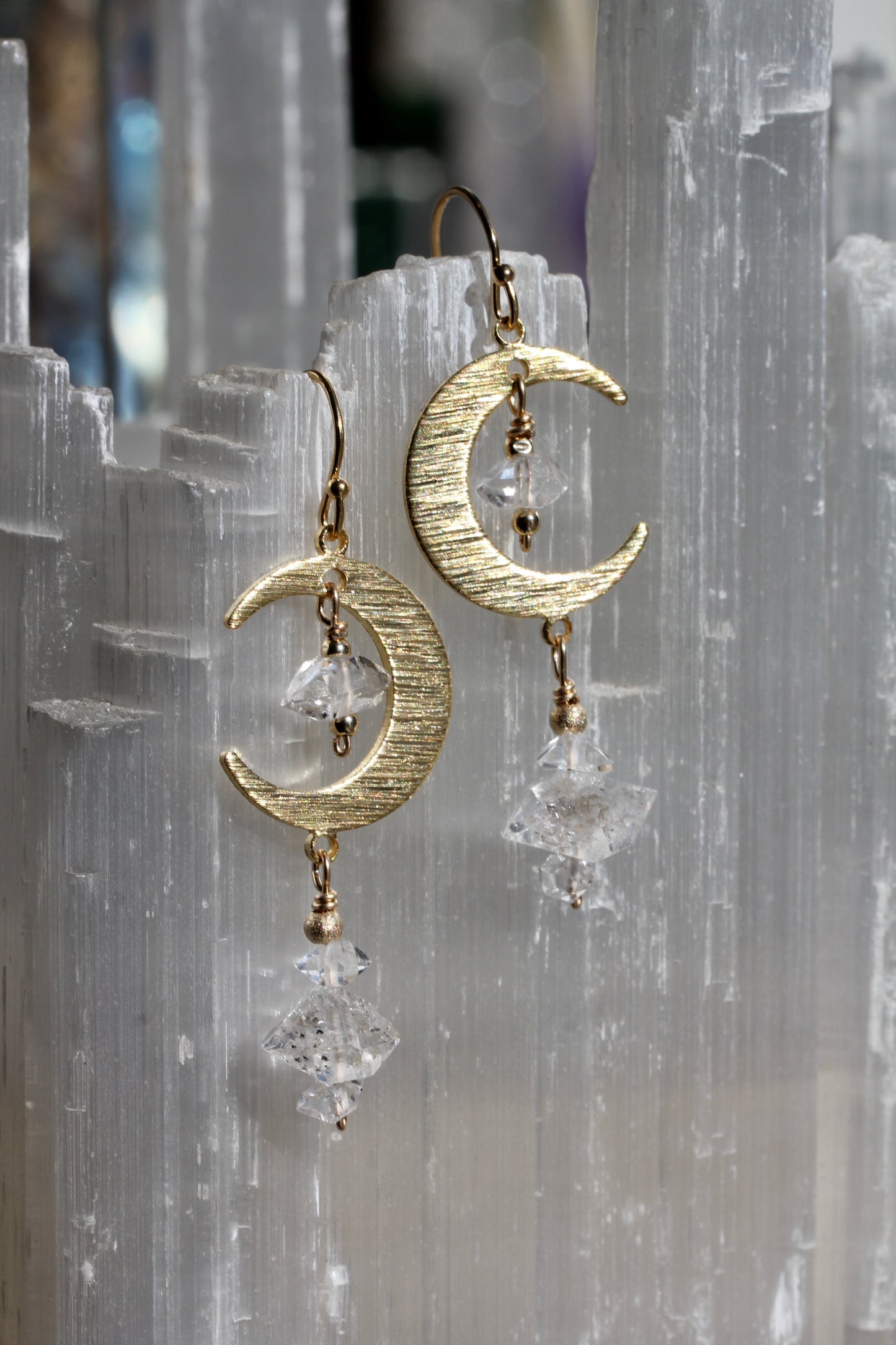 Brass Moon Quartz Crystal Moon Earrings