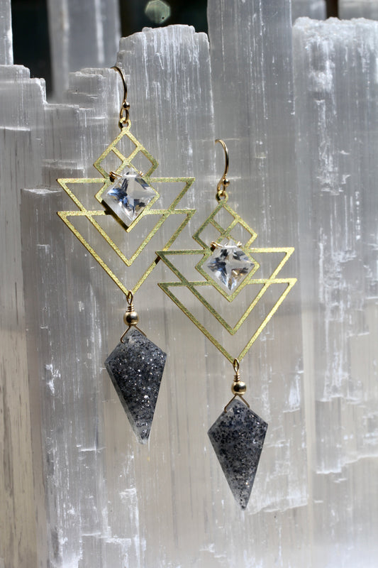 Black Sunstone Quartz Geometric Earrings