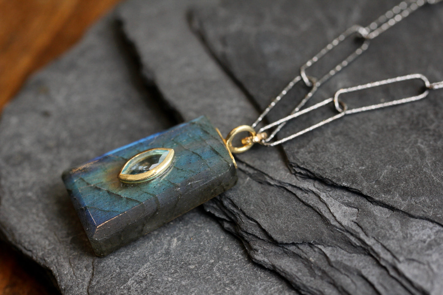Labradorite Blue Topaz Encrusted Paperclip Chain Necklace