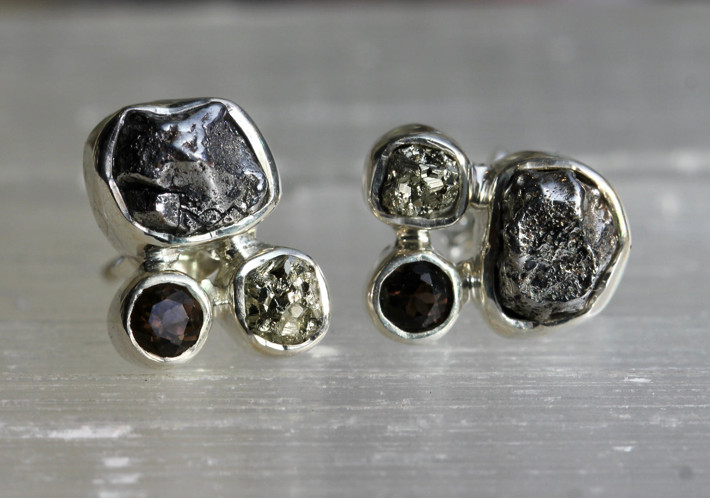 Meteortie Pyrite Smokey Stone Cluster Post Earrings