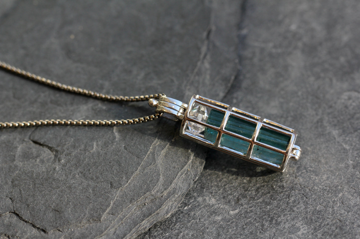 Indicolite Tourmaline Herkimer Diamond Cage Necklace