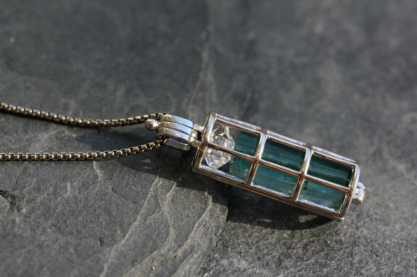 Indicolite Tourmaline Herkimer Diamond Cage Necklace