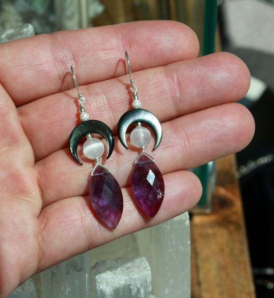 Amethyst Black Mother of Pearl Selenite Crescent Moon Earrings