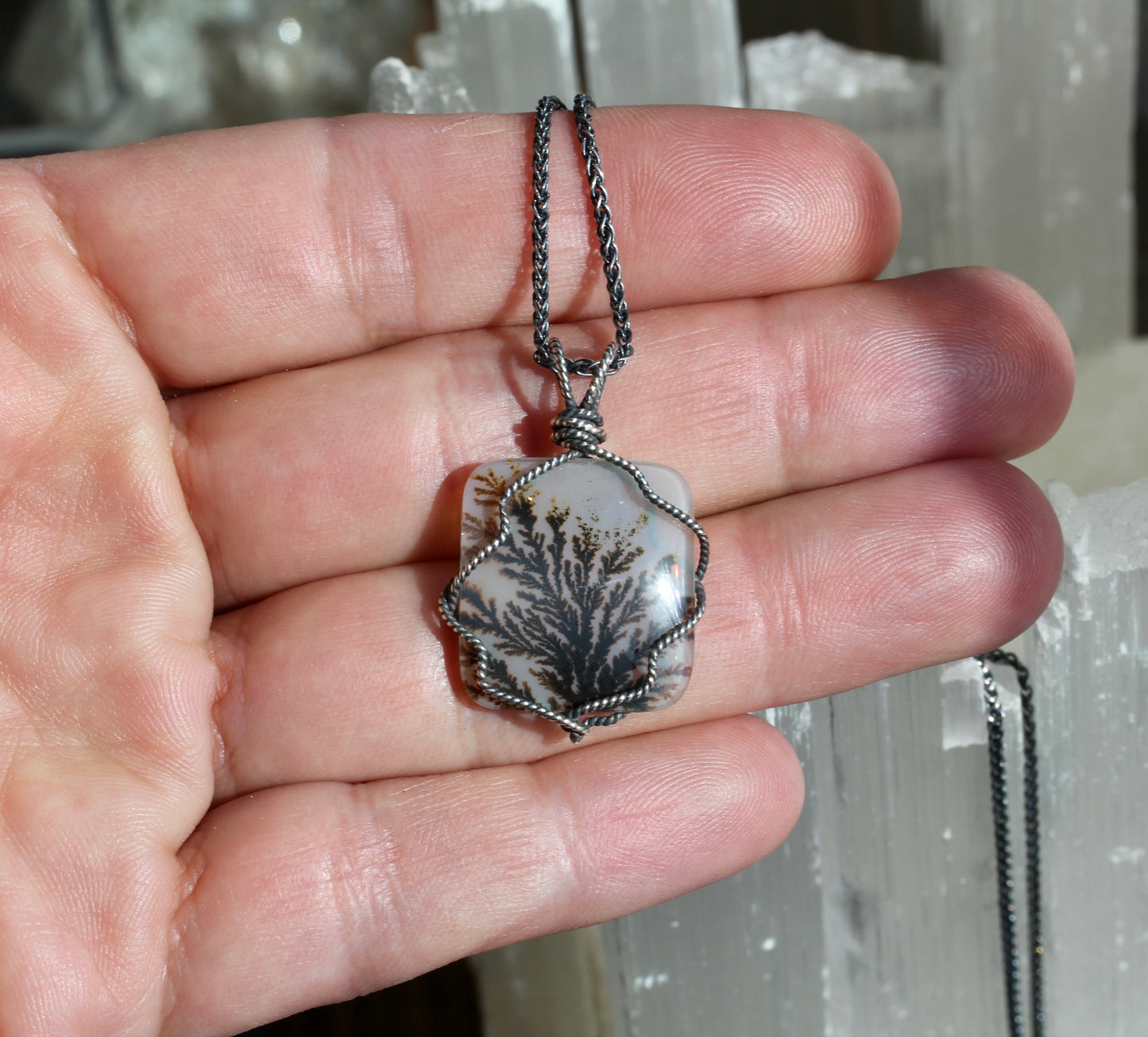 Dendritic Agate Silver Wrap Necklace