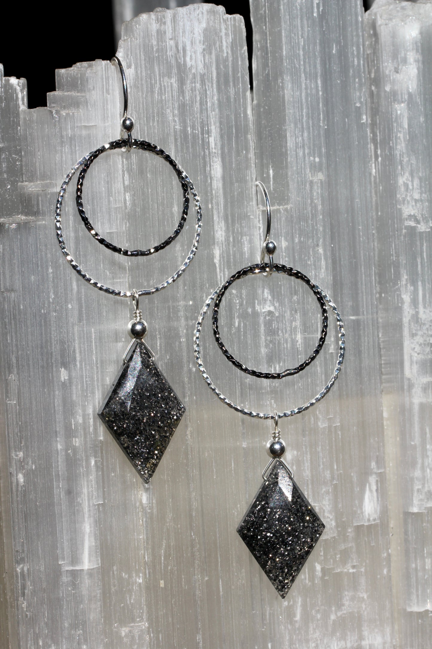 Black Sunstone Diamond Cut Double Ring Drop Earrings