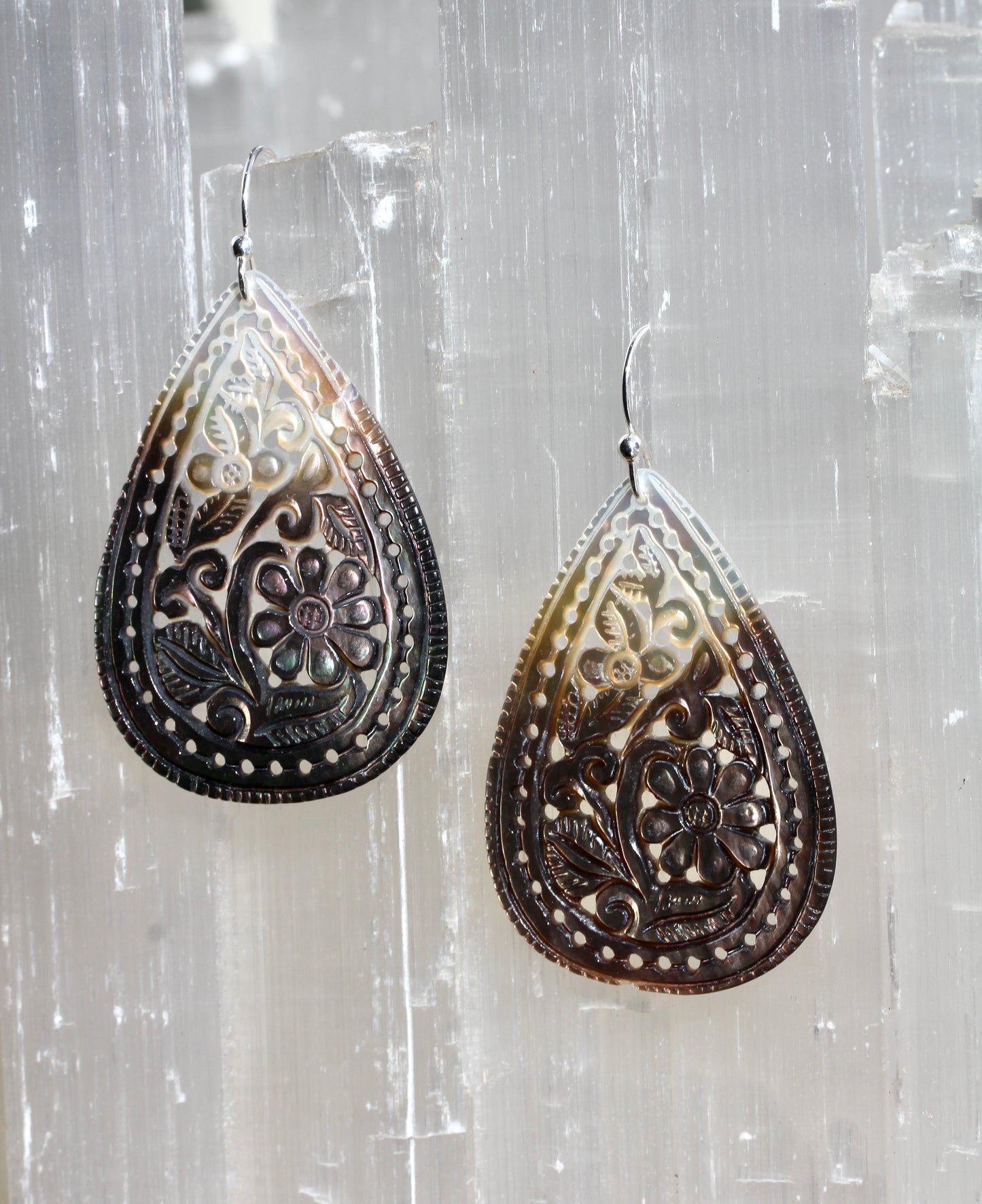 Mother of Pearl Floral Carved Teardrop Earrings