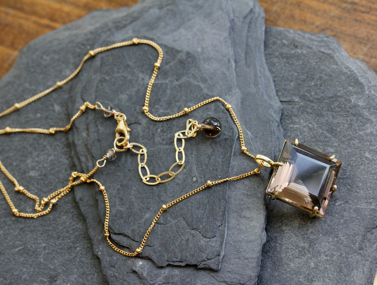 Smokey Quartz Princess Cut Gold Necklace