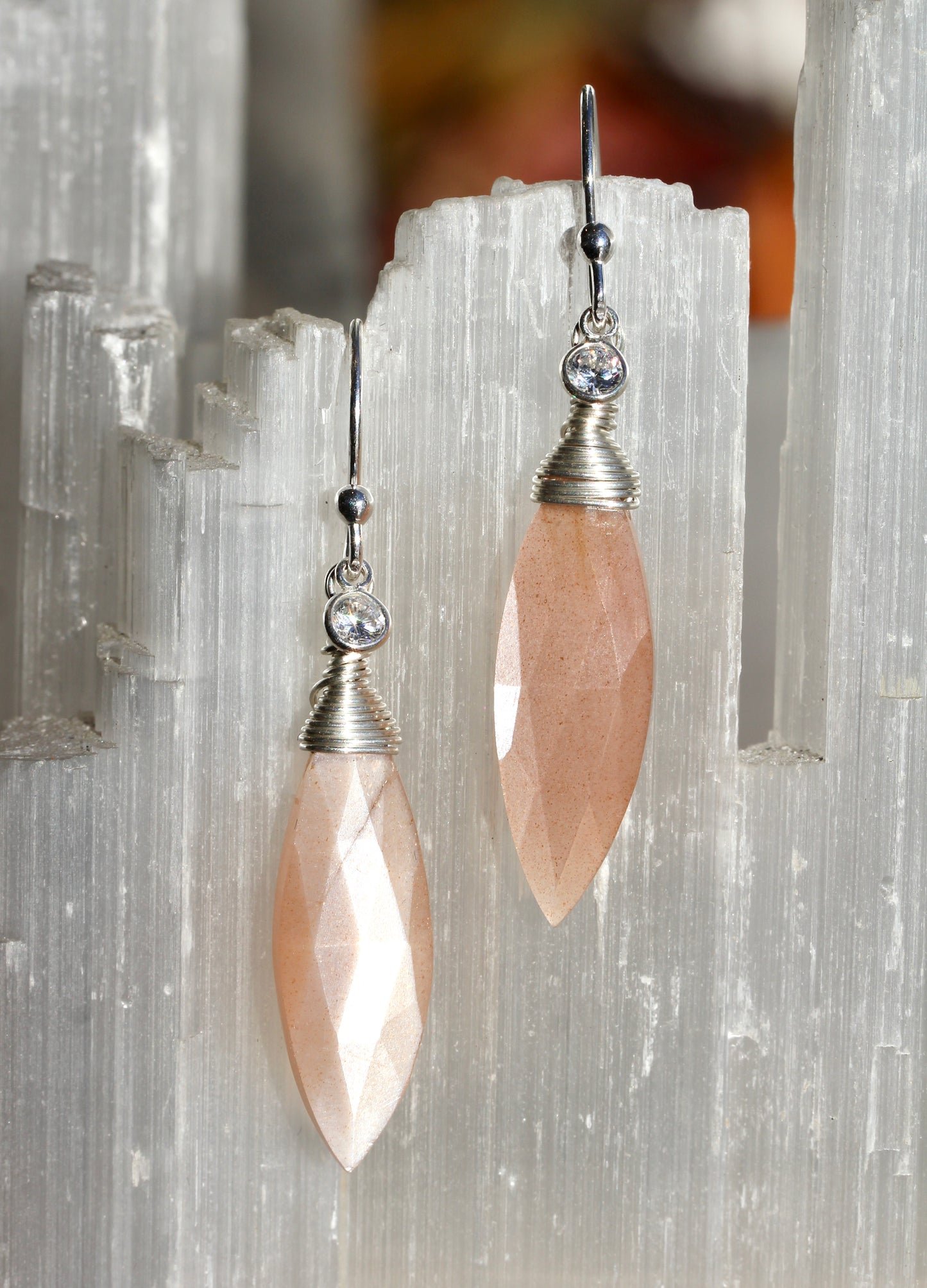 Peach Moonstone Marquis CZ Drop Earrings