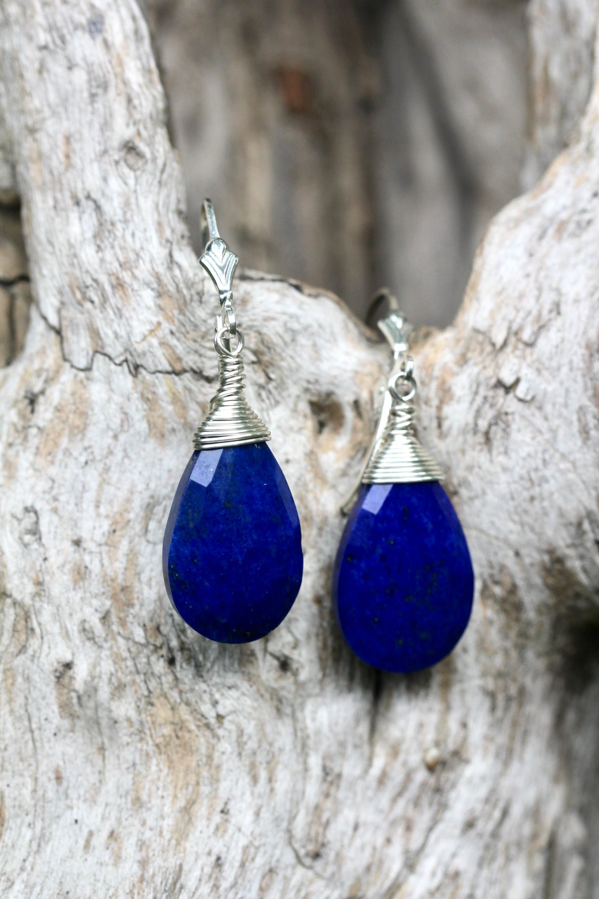 Lapis Teardrop Silver Wrap Earrings