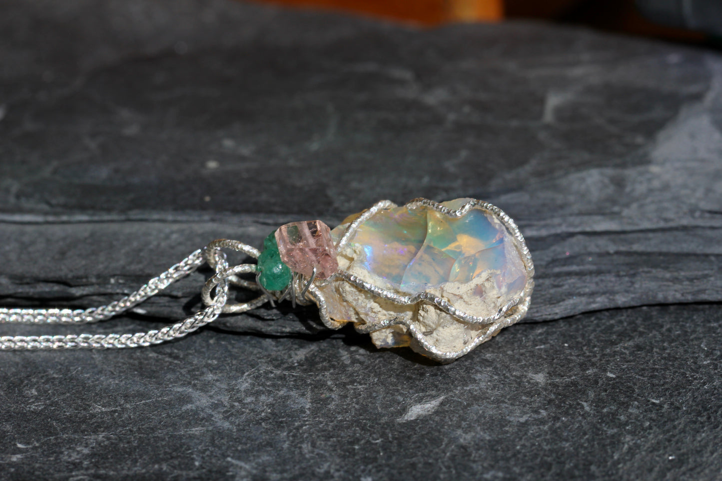 Rough Opal Tourmaline Emerald Pendant