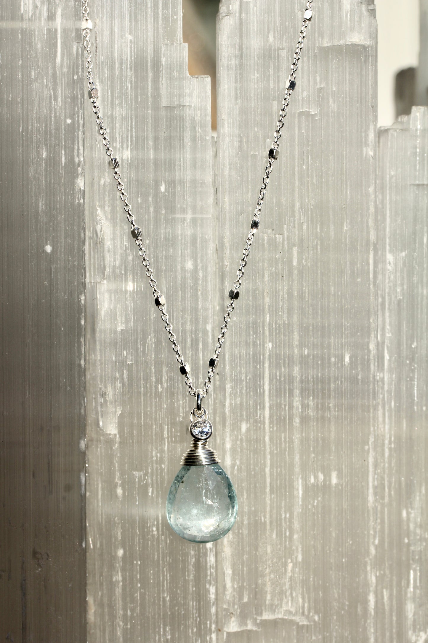 Aquamarine CZ Silver Teardrop Necklace