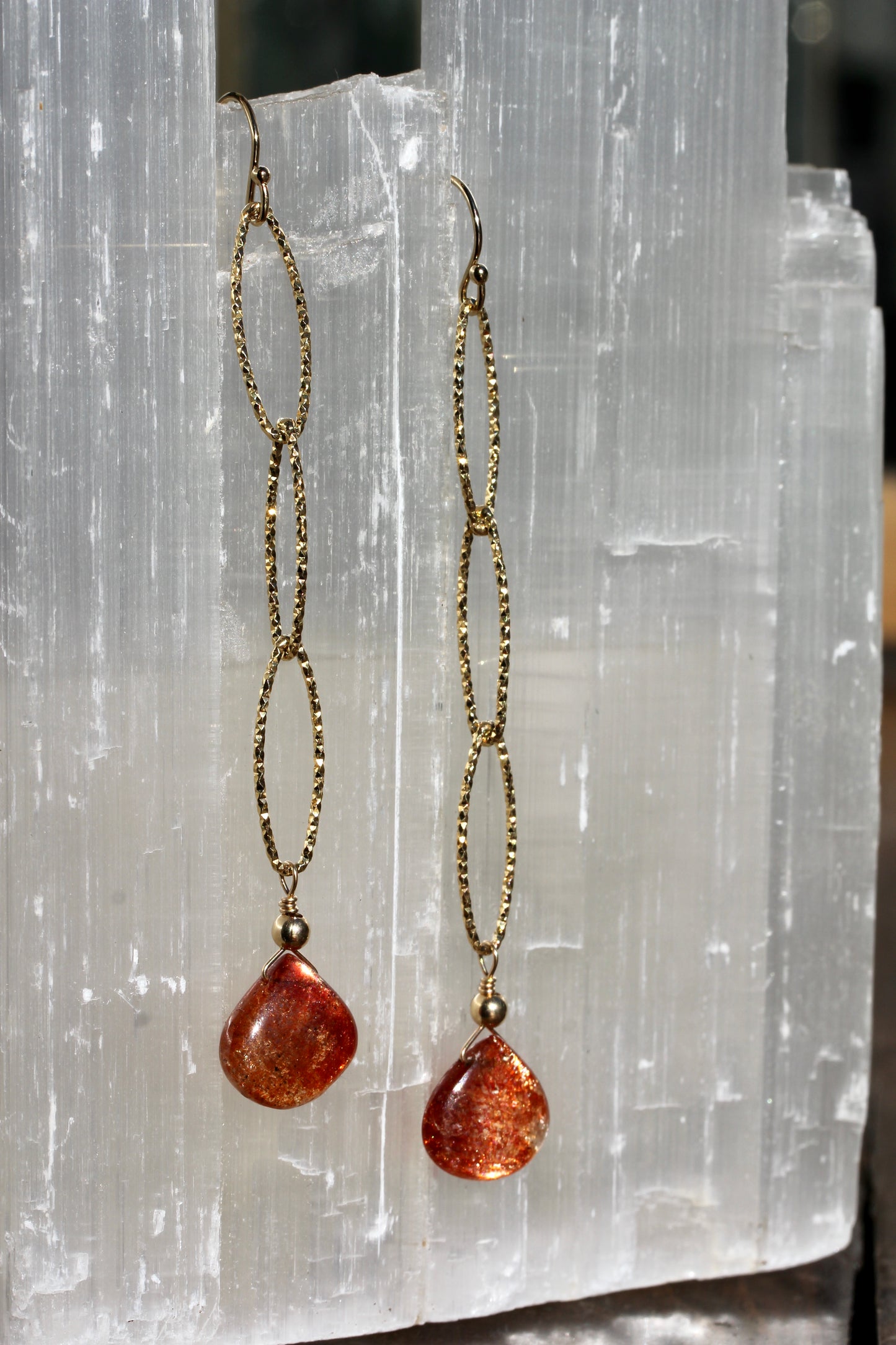 Sunstone Long Sparkle Chain Drop Earrings in Gold