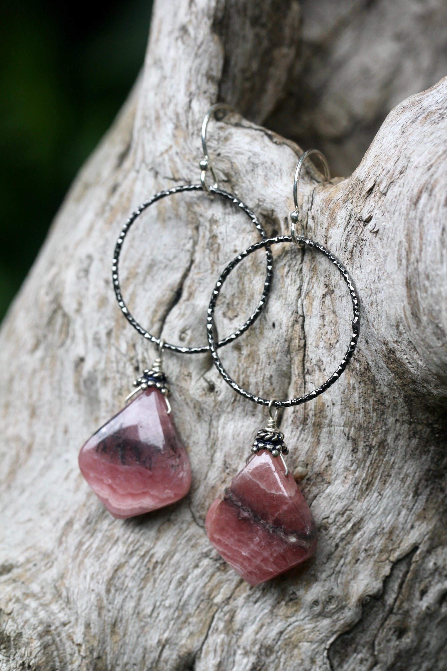 Rhodochrosite Oxidized Silver Hoop Drop Earrings