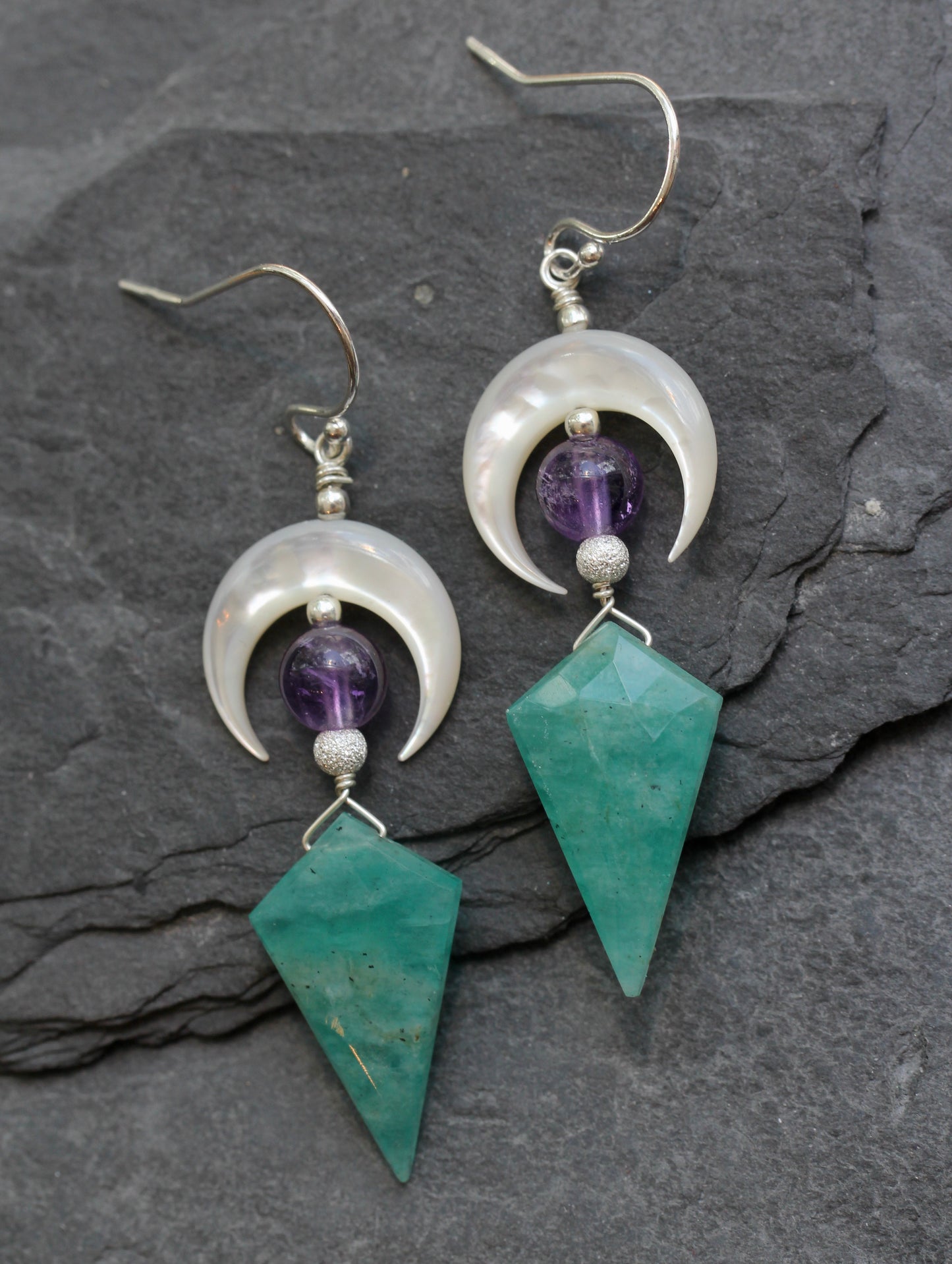 Amazonite Amethyst Mother of Pearl Moon Earrings