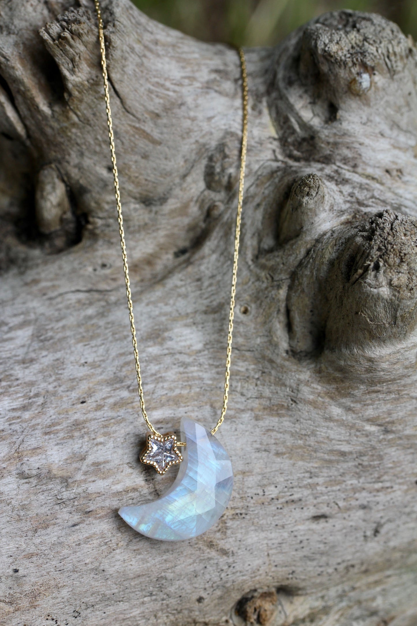 Rainbow Moonstone Moon Star Necklace