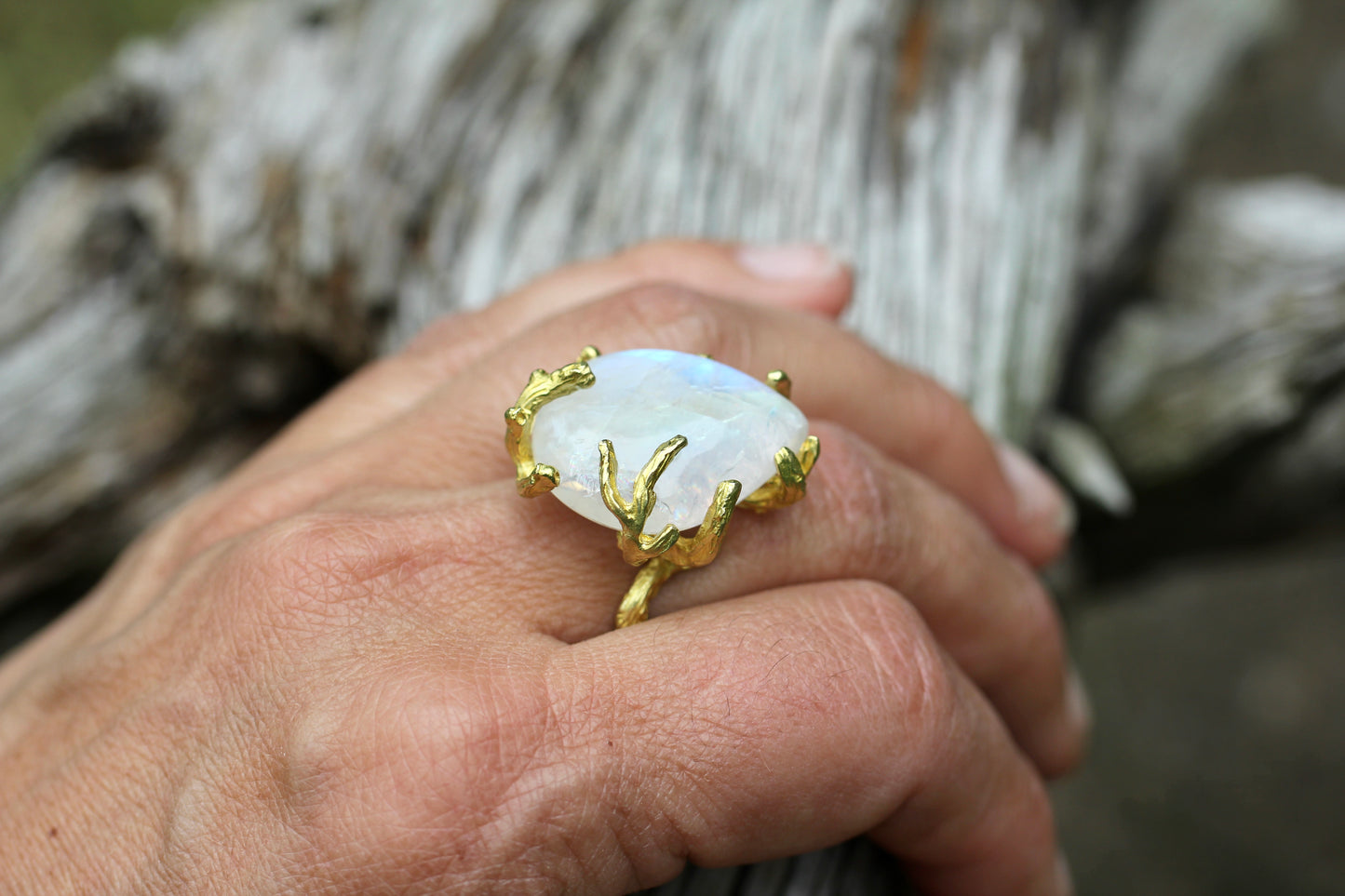 Rainbow Moonstone Branch Ring