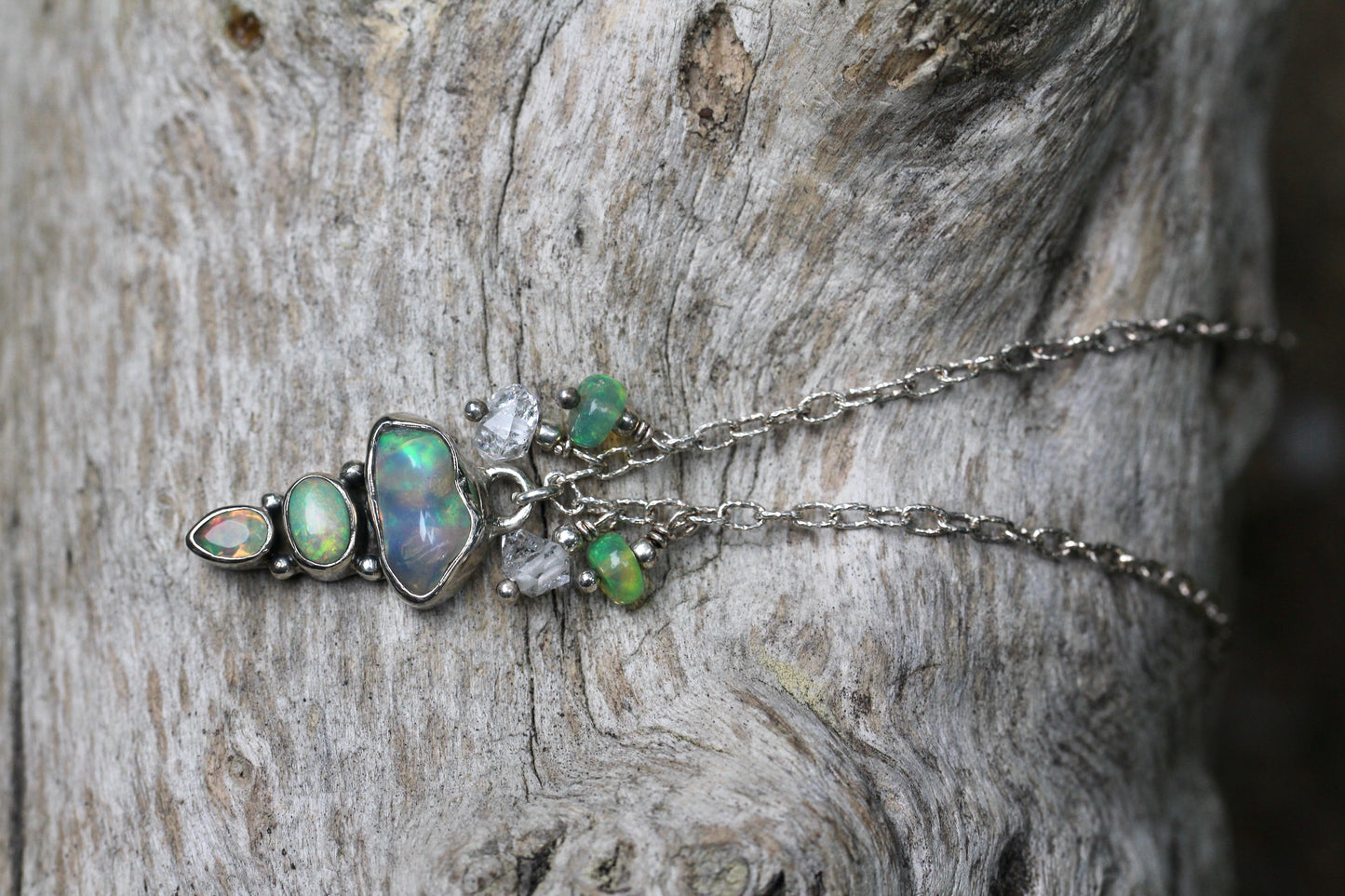 Ethiopian Opal Herkimer Diamond Droplet Silver Necklace
