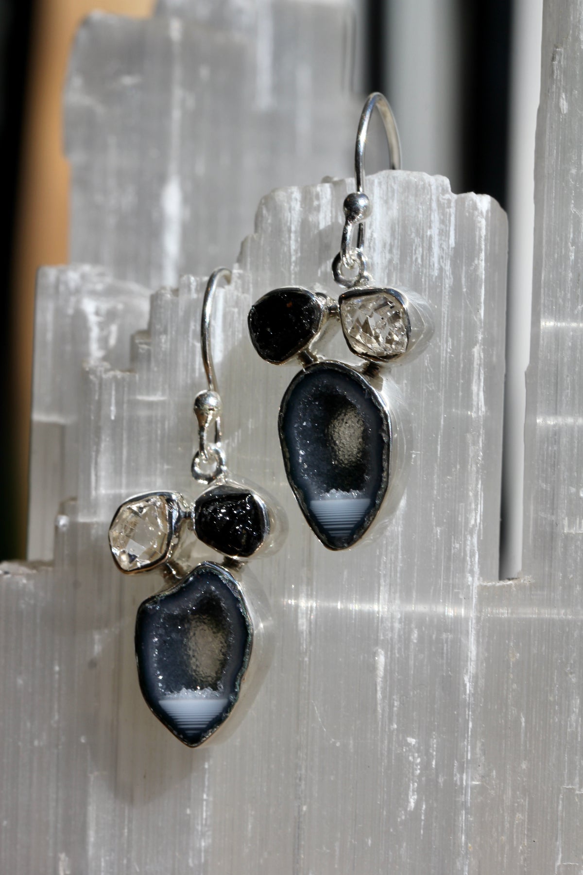 Geode Tourmaline Herkimer Earrings