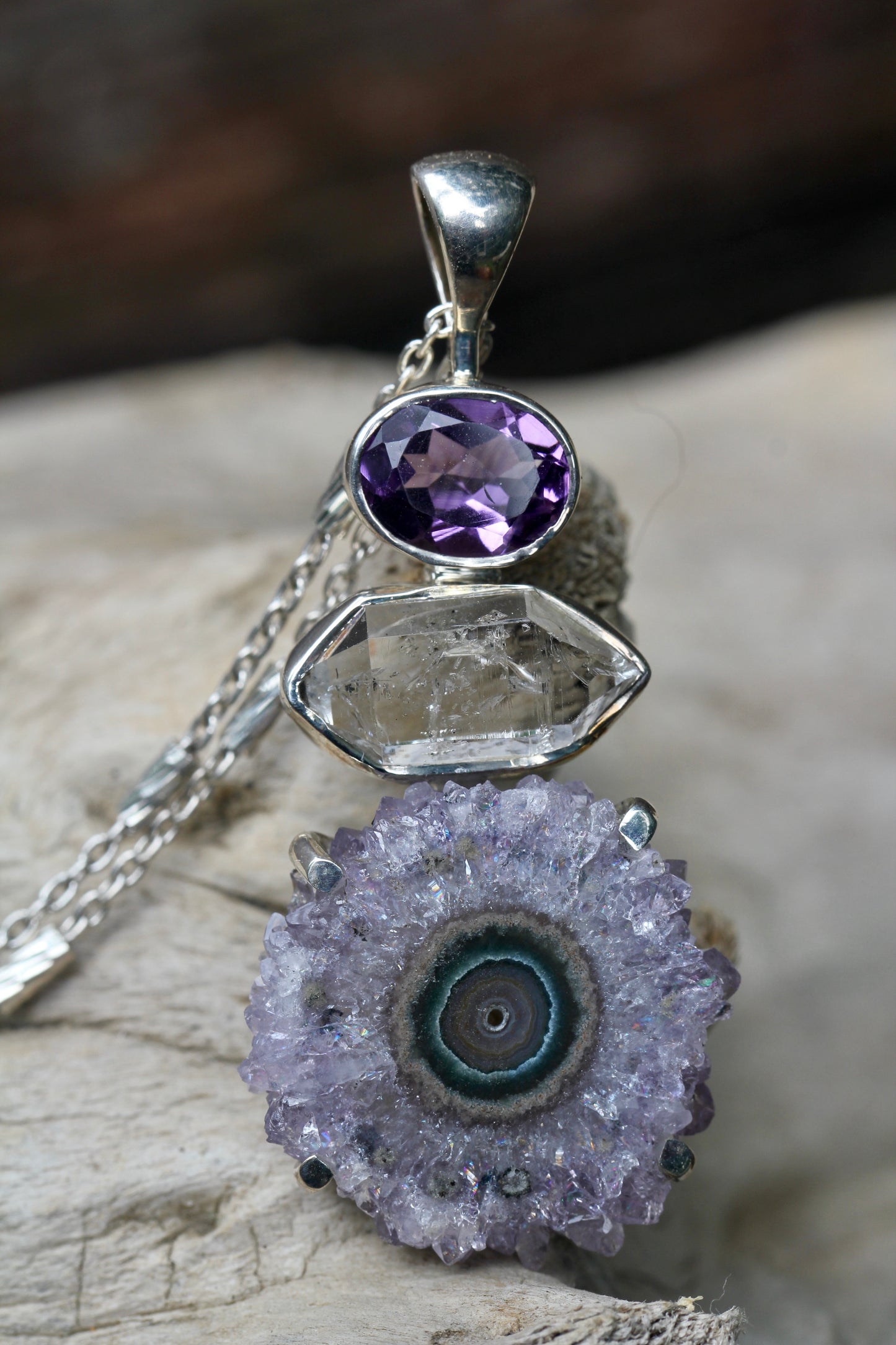 Amethyst Stalactite Herkimer Diamond Pendant