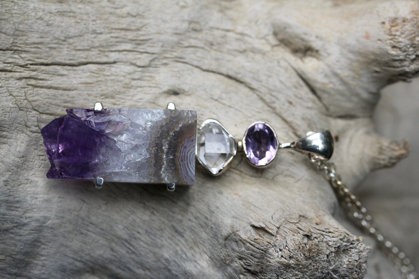 Amethyst Slice Herkimer Diamond Pendant